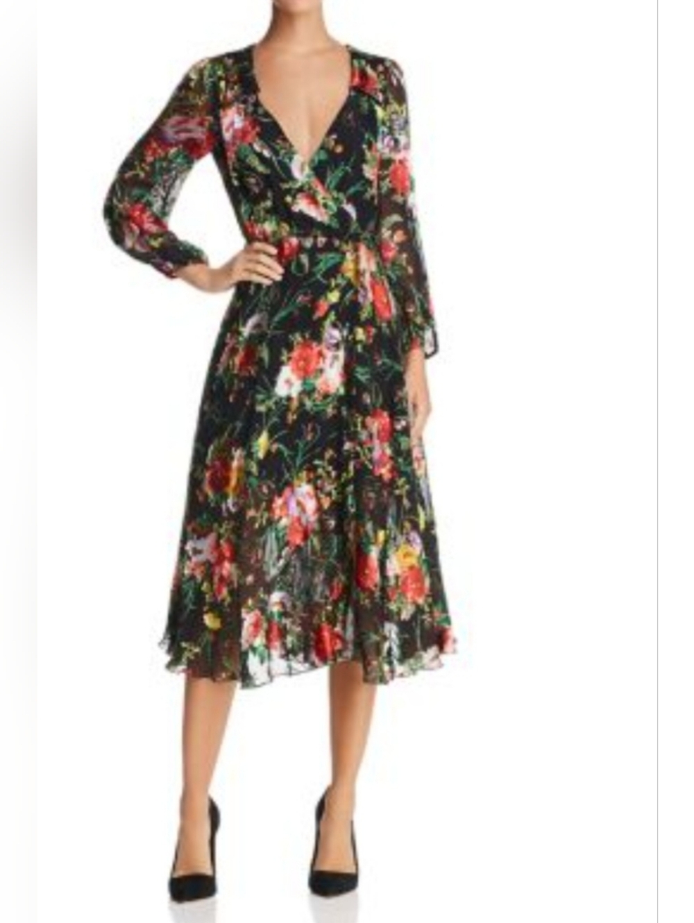 Alice + Olivia Black Floral Wrap Midi Dress with Red & Green Accents, Size 4. - Picture 2 of 16